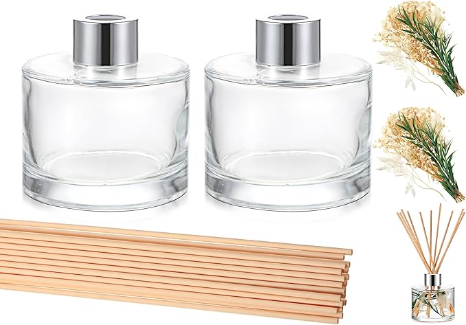 Rtteri 2 Reed Diffuser Sets Flower Oil Diffuser Sticks with Refill Empty 5oz Bottles Scent Glass for Fragrance Home Bathroom Gifts, Oil Not Included(White Color)