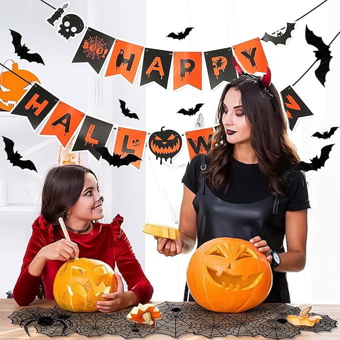 Indoor/Outdoor Halloween Decor Set - Mantel Scarf, Spider Table Runner, 3D Bats & Spiders, Happy Halloween Banner