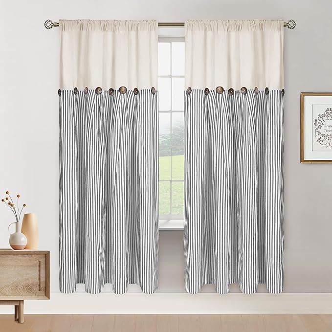ASPMIZ Cotton Linen Farmhouse Curtains Boho Rustic Button Panel, Linen Window Curtain Panels, Grey Stripe Country Curtain for Living Room, Back Tab Curtains & Drapes for Windows 52 x 63 Inch, 2 Panels