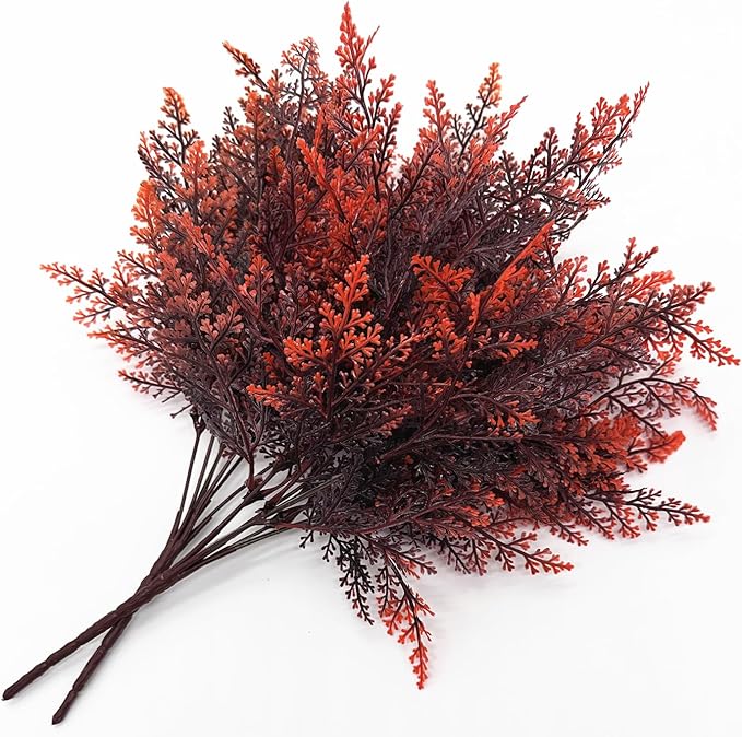 CATTREE Artificial Fern Shrubs Fake Boston Ferns Plant Bushes Plastic Leaves Plants Indoor Outdoor Garden Window Box Verandah Decor Party Table Centerpieces Wedding Christmas DIY Decoration Red 8 Pack