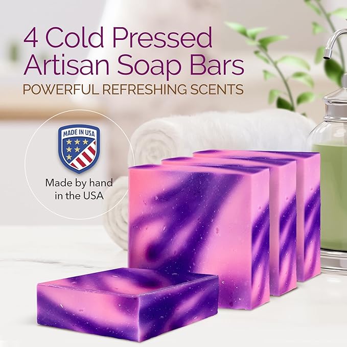 Handmade Natural Bar Soap Gift Set - 100% All Organic Vegan Bath Moisturizing Handmade Artisan Scented Cold Process Fragrant Soaps with Essential Oil - 4 Pack (Hydrangea)