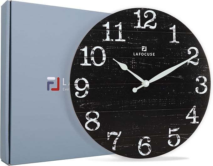 Lafocuse 12 Inch Silent Black Wall Clocks for Kitchen Living Room Decor, Wooden Rustic Wall Clock Battery Operated, Decorative Farmhouse Clock