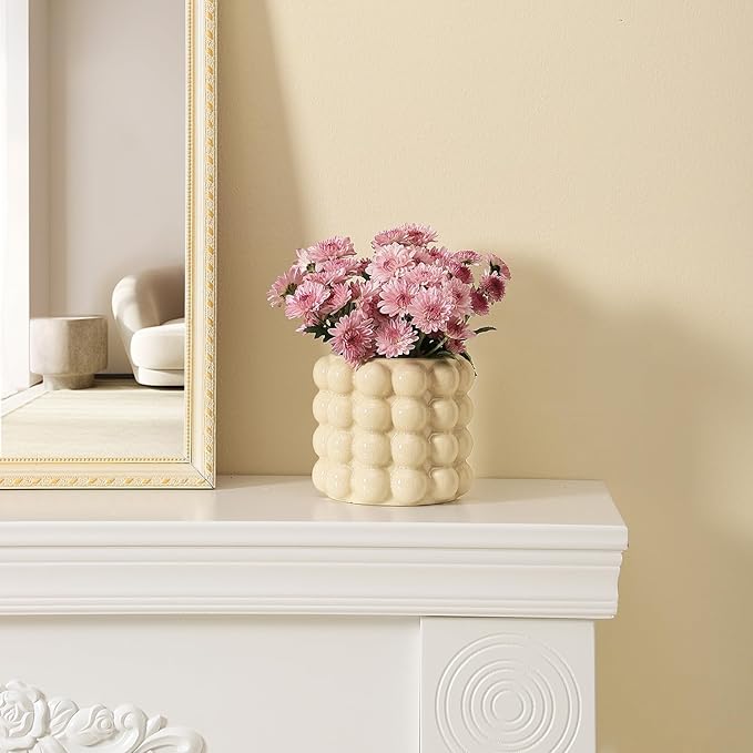 Bubble Vase, Beige Ceramic Vase for Flowers, Short Vases for Boho Decor, Decorative Vases for Flowers, Living Room, Bedroom, Office, Fireplace, Mantel, Coffee Table, 5 Inches