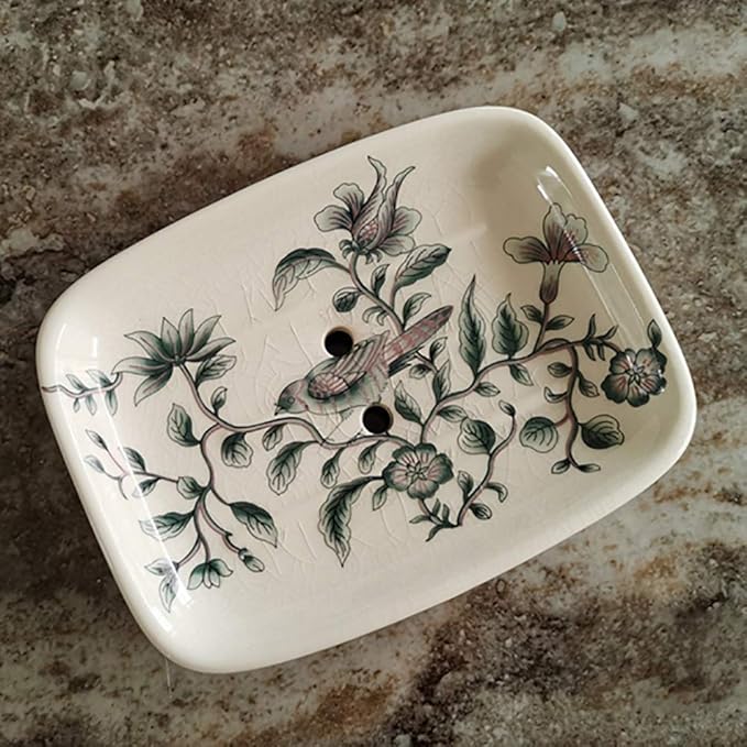 Ceramic Soap Dish, Ice Crack Ceramic Bird and Flower Pattern Soap Dish Holder for Bathroom, Creative Porcelain Shower Soap Tray Box Bath Accessories with Two Drain Holes