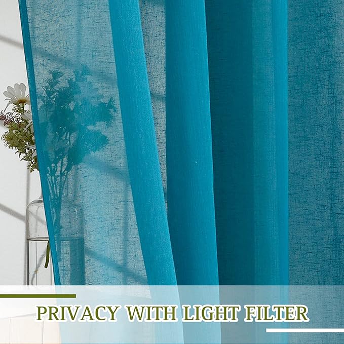 NICETOWN Linen Sheer Curtains 63 inch Length 2 Panels,Grommet Semi Sheer Drapes Privacy with Light Through Window Treatments for Bedroom/Living Room, Peacock Green, W52 x L63