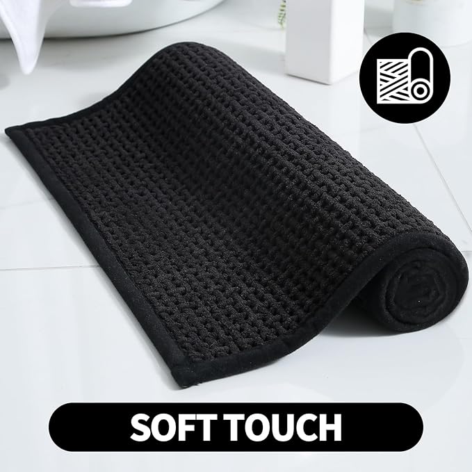 Washable Bathroom Rugs: 24x16 Black Bath Mat – Non Slip Chenille Bathmat for Bathroom Floor & Shower