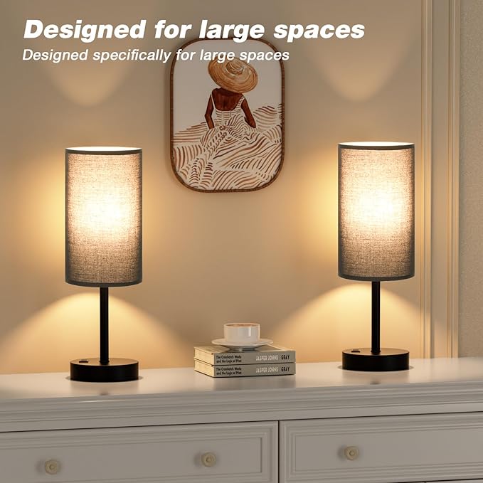 17.4inches Tall Black Touch Table Lamps Set - 3 Way Dimmable Bedside Lamps with USB C and A Ports, Small Lamps for Nightstand with AC Outlet, Round Flaxen Shade for Desk, Office, Dorm, Nursery