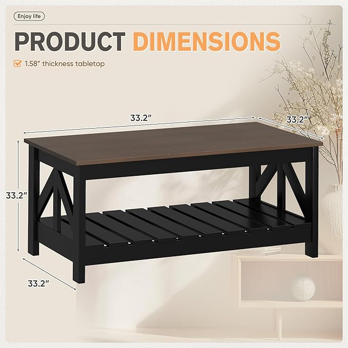 YESHOMY 39" Farmhouse Coffee Table, Coffee Tables for Living Room, Farmhouse Square Coffee Table with Storage, Couch Table, Small Tables for Small Spaces, Brown and Black