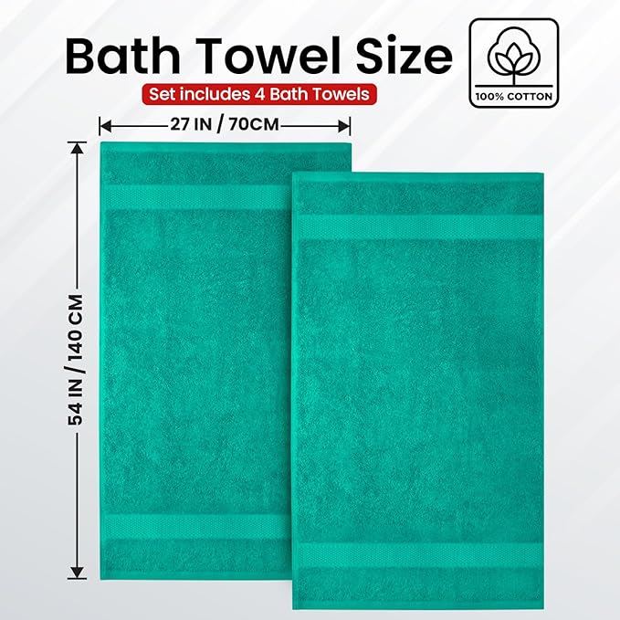 Infinitee Xclusives Luxury 100% Ring-Spun Cotton Bath Towels Set of 4 (27x54 inches) – Soft, Absorbent & Quick-Drying Towels for Bathroom, Gym, Spa & Hotel Use (Vivid Green)