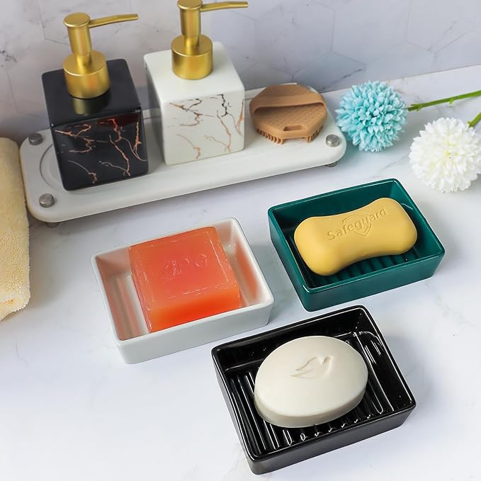 Green Soap Dish,Ceramic Soap Dishes for Sink Bathroom Shower Kitchen, Easy to Clean Keeps Soap Dry, Multi-Purpose Non-Slip Soap Tray (Dark Green)