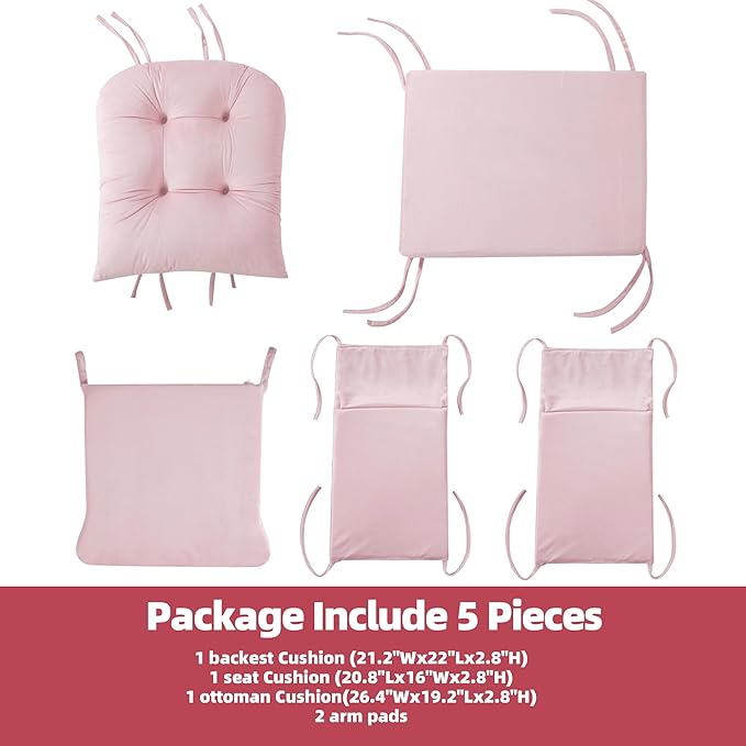 5 PCS Velvet Glider Rocker Replacement Cushions with Side Storage Pocket, Thickened & Supportive Cushions Set for Indoor Nursery Rocking Chair, Pink