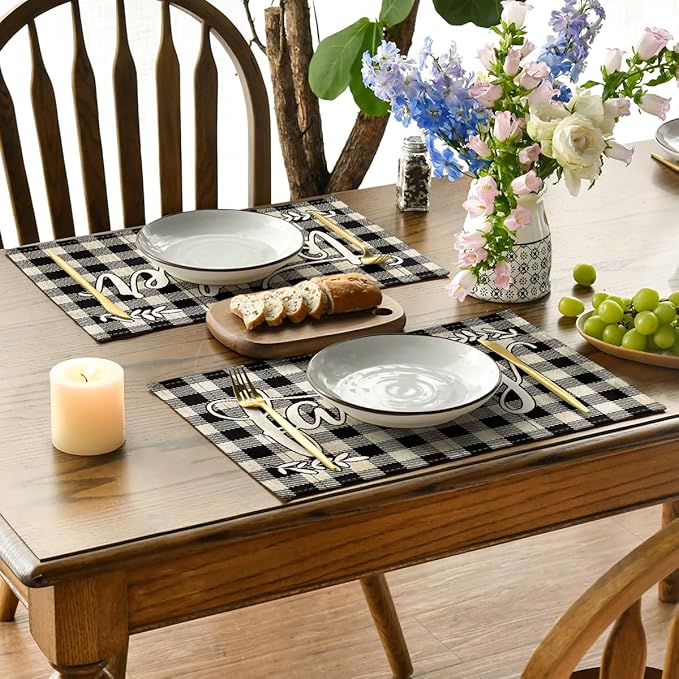 Artoid Mode Love Family Home Together Buffalo Plaid Placemats Set of 4, 12x18 Inch Farmhouse Table Mats Party Kitchen Dining Decoration