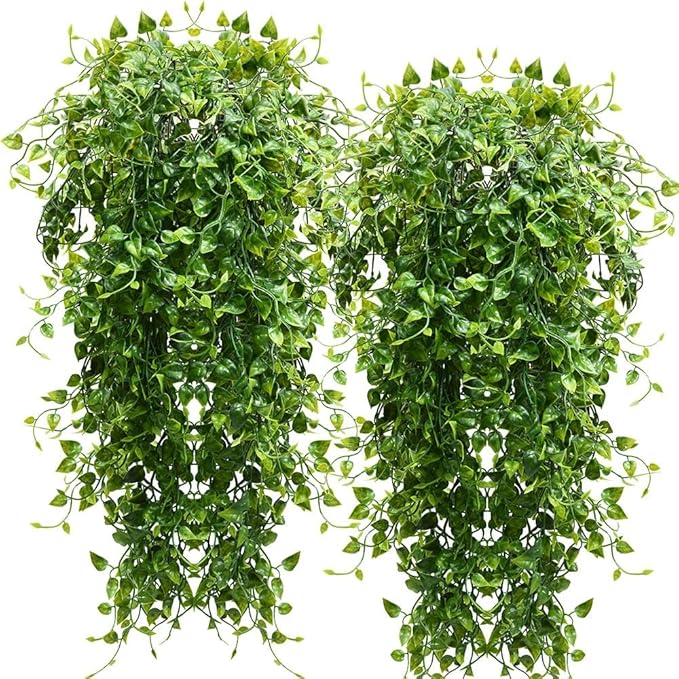Artificial Hanging Plants 4pcs 33-in Fake Hanging Plant Faux Ivy Vine Leaves UV Resistant Plastic Wall Greenery Plants for Indoor Outdoor Home Garden Wedding Jungle Party Patio Office Shelf Decor