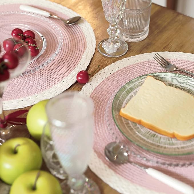 Noctiflorous Round Braided Placemats Set of 8 Table Mats 15 Inches Washable Heat Resistant for Dining Table Non-Slip Indoor Outdoor Place Mats for Easter(02 White Edge Pink 8)