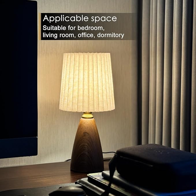 Small Pleated Table Lamp for Bedroom, Bedside Lamps for Nightstand, Dimmable Desk Lamp Ceramic Wood Grain Base Round Flaxen Fabric Shade for Living Room, Kids Room,LED Bulb Included(Art Deco)