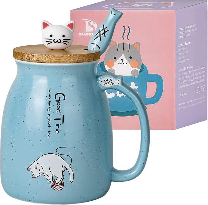SHENDONG Cute Cat Mug Cat Cup Novelty Cat Mugs Cat Gifts for Cat Lovers Women Girl Kids Morning Office Cute Cat Cup Coffee Cup with Kawaii Kitty Lid and Spoon Japanese style Blue 15OZ