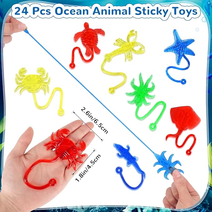 24PCS Ocean Animal Sticky Hands Toys for Kids, Rubbery Stretchy Sticky Goodie Bag Stuffers Toys for Party Favor Supplies, Colorful Sticky for Boys Girls Classroom Prizes