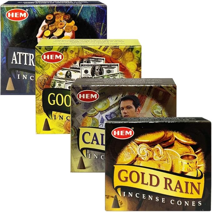 Hem Incense Cones Variety Pack #1 And Cone Incense Burner Bundle With 4 Money Luck And Business Themed Fragrances