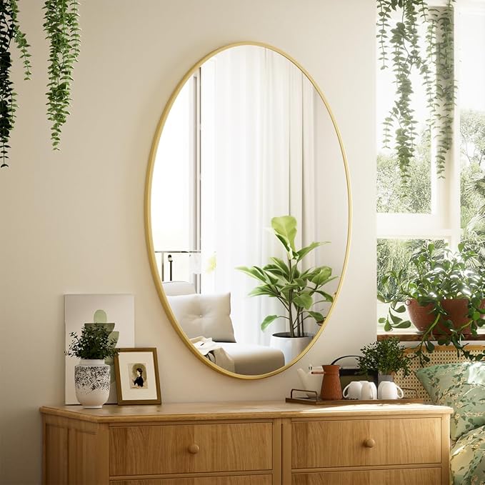 Gold Oval Bathroom Mirror, 26 x 38 inch Modern Oval Wall Mounted Vanity Mirror with Tempered Glass Hanging Horizontally or Vertically, Gold