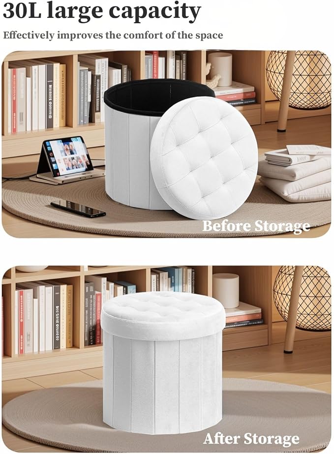 Ottoman with Storage, Foot Rest Stool with Thicker Foam Padded Seat Velvet Small Round 14“ x 14” x 13 "Inchs Storage Ottoman Bench for Living Room Foldable Pouf Coffee Table 2 Pack, White