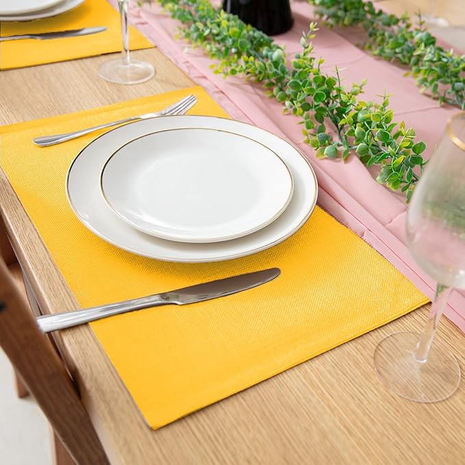 Linen Type Fabric Placemats Set of 8, Machine Washable, Heat Resistant, Wrinkle Free Thick Polyester Kitchen Place Mats for Dining Table (Yellow)