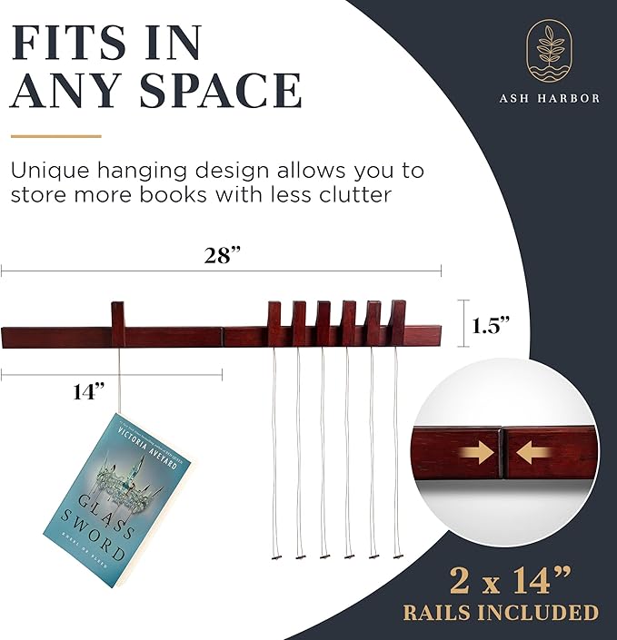 Floating Wall Bookshelf - Wall Mounted Book Organizer with Included Bookmarks - Hardwood Hanging Bookshelf for Bedroom, Living Room, or Kitchen - A Thoughtful Gift for Book Lovers (Dark)