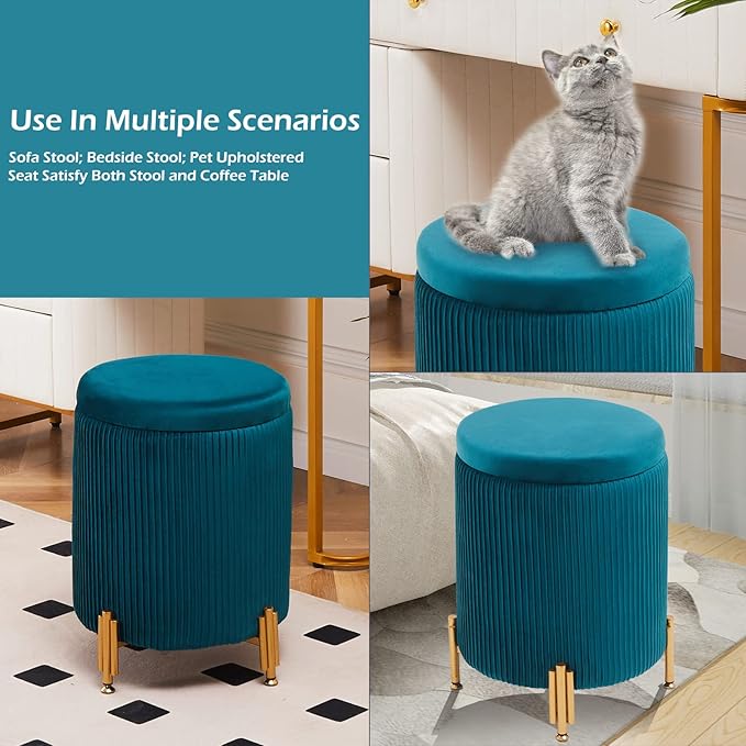 Mxfurhawa Round Ottoman Foot Stool with Storage and Metal Legs for Living Room Bedroom, Velvet Upholstered Footrest Stool Support 300lbs Modern Padded Seat Ottoman Coffee Table (Teal)