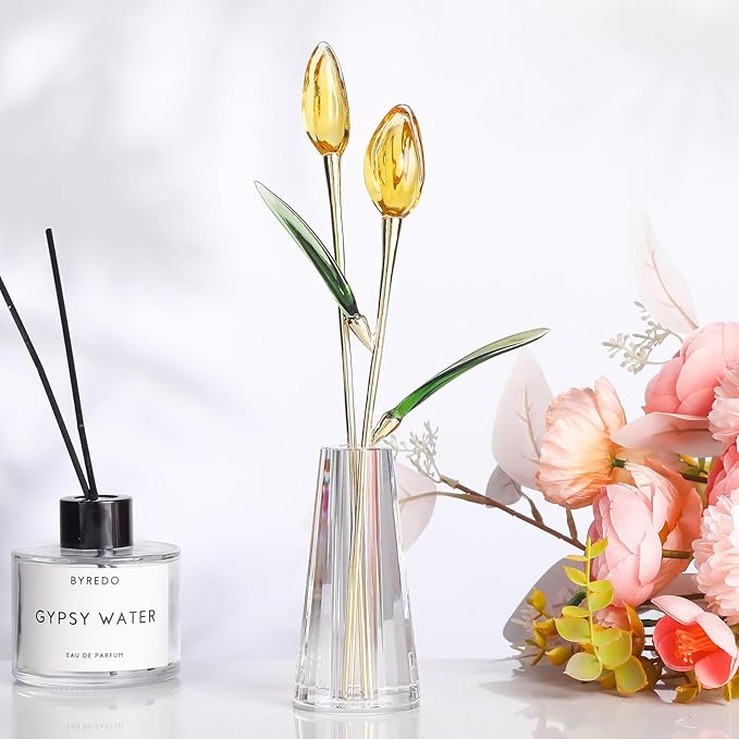 LONGWIN Crystal Tulips Flower Figurine Collectible with Vase Glass Spring Bouquet Flowers with Stem Home Decor Gift for Women Mom