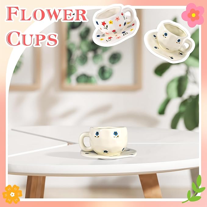 Ceramic Coffee Mug Vintage Flower Mugs 8 oz Cute Floral Coffee Mugs Irregular Latte Art Cup Lead-free Porcelain Cups for Cappuccino, Cocoa (Blue and Pink Mug with Saucers)