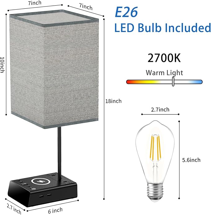 Table Lamps for Bedroom Set of 2 - Touch Bedside Lamp with Wireless Charger & 2 USB Charging Ports & 2 AC Outlets, Alarm Clock Base,Dimmable Nightstand Lamps with Square Fabric Shade for Living Room