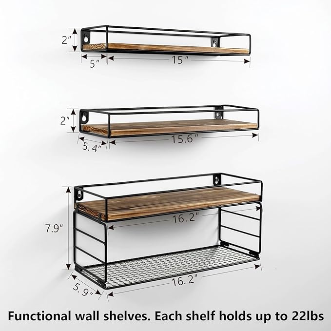 Wall Mounted Bathroom Shelves Over Toilet, Farmhouse Wall Floating Shelf with Guardrail, Bathroom Decor for Bedroom Living Room Kitchen, Dark Brown (16.2 Inch Set of 3)