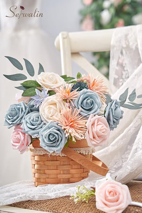 Serwalin Artificial Flowers, Blue Pink Wedding Flowers Fake Silk Flowers for DIY Wedding Bridal Bouquets Arrangements Baby Shower Home Cake Decor