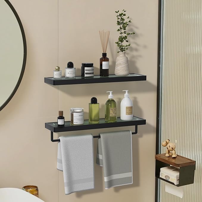 Floating Glass Shelves for Bathroom Glass Shelves 20-in with Towel Bar/Tempered Glass Rectangular 1 Tier Organizer Shelf (Matte Black, 20'')