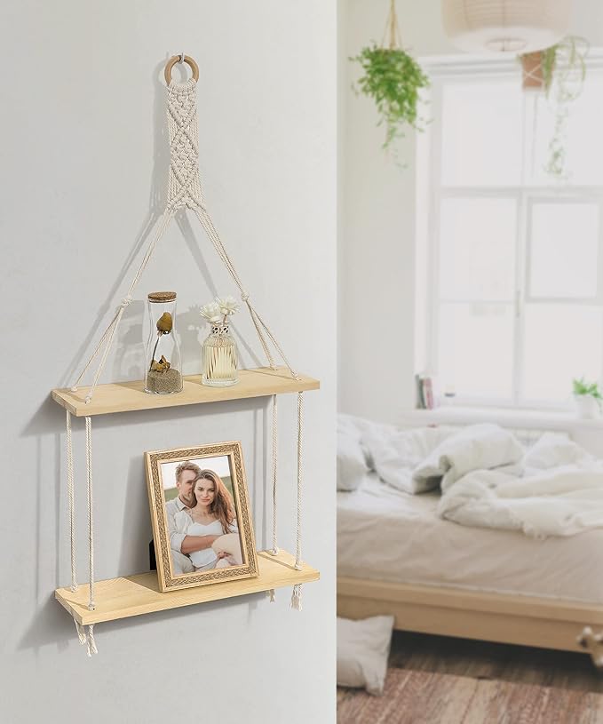 Afuly Macrame Wall Hanging Shelf Boho Floating Shelves Cotton Rope Rustic Home Decor 2 Tiers Plant Hanger Photo Display Tissue Towel Storage Organizer for Living Room Bedroom Bathroom Hallway, Beige