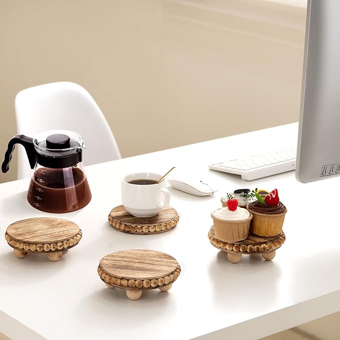 2Pcs Wood Risers for Display Decorative,Round Beaded Riser Distressed for Decor ,Wooden Farmhouse Coasters Mini Cake Stand Plant Stand,Rustic Pedestal Stand Decor Display Risers for Tiered
