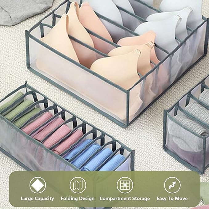 TOOVREN Sock Drawer Organizer 3 Pack, Mesh Foldable Cabinet Closet Organizers and Storage Boxes for Storing Underwear, Ties, Panties