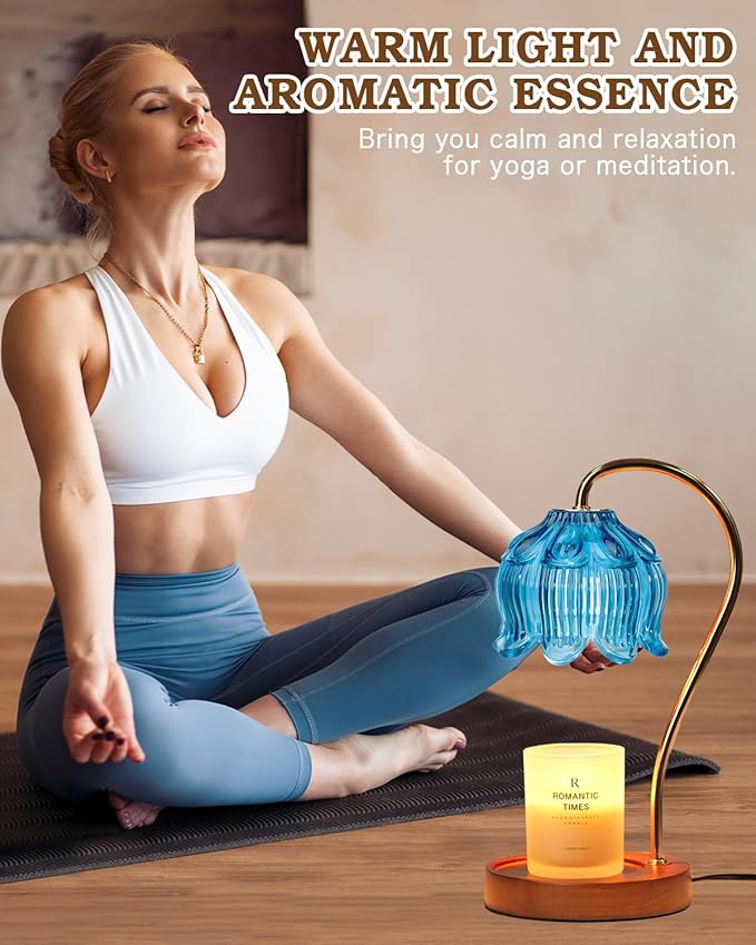Flower Candle Warmer Lamp with Timer, Blue Candle Lamp Warmer, Birthday Gifts for Women, Mom, Female Friend, Dimmable Glass Lamp Candle Warmer Gifts, Aromatic Candle Wax Warmer for Vintage Home Decor