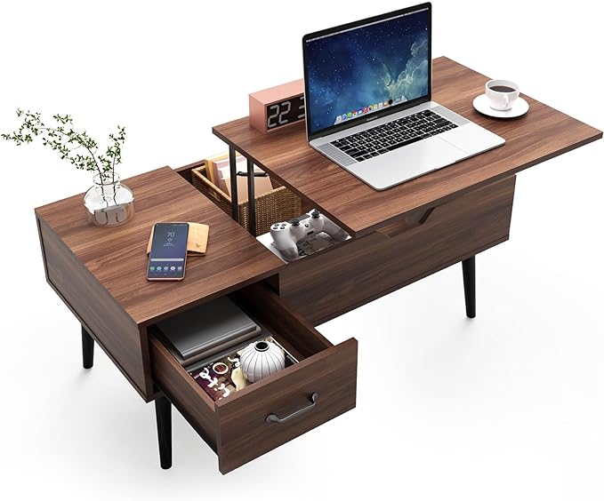 HAIOOU Lift Top Coffee Table with Storage, Mid Century Modern Coffee Tables with Drawer for Living Room,Walnut Rectangular Center Table with Pine Leg Anti-Scratching, Home, Office