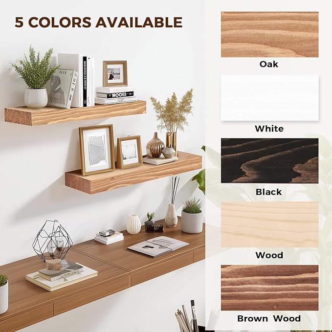 17x8x1.6 inch Floating Shelves Set of 2 – Solid Wood Rustic Oak Wall Mounted Shelf for Kitchen, Bathroom, Living Room