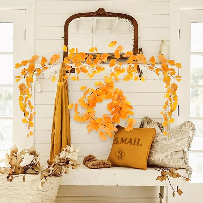 RECUTMS Artificial Fall Garland Hanging Ginkgo Biloba Twigs Vines 2Pcs 5.57FT Fake Ginkgos Leaf Rattan Faux Ivy for Thanksgiving Christmas Party Wedding Indoor Outdoor Home Fence Fireplace Table Decor