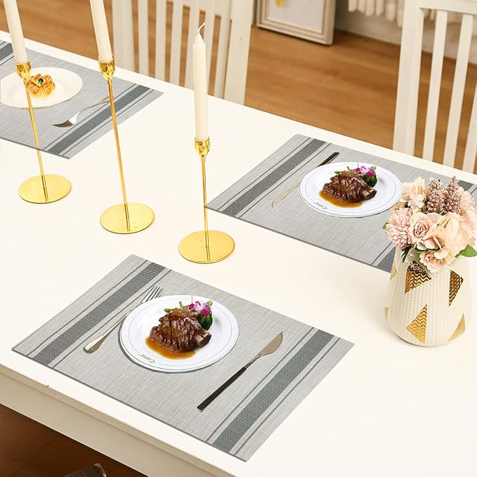 DACHUI Placemats Set of 4, Soft & Elegant Woven Vinyl Place Mats, Water Resistant, Heat Resistant, Washable, Durable Table Mats (Grey Stripes)