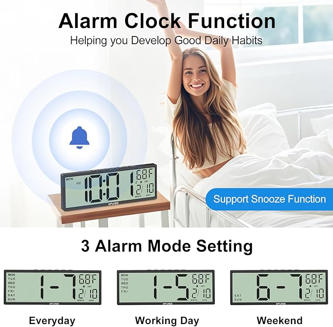 14.5'' Large Digital Wall Clock Battery Operated with Jumbo Numbers, Auto DST, Day, Date, Alarm, Temperature for Living Room, Bedroom, Desk Decor, Gift, LCD Screen Display Easy to Read and Set