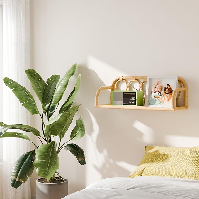 Rattan Wall Shelf - Natural Boho Wicker Shelf, Decorative Shelves for Nursery Decor,Picture Ledge Shelves, Wall Mail Organizer,Floating Rattan Bookshelf for Office, Bedroom,Bathroom,Kids Room