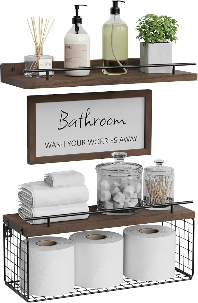 WOPITUES Floating Shelves for Bathroom Wall Decor Sign, Bathroom Organizers and Storage, Bathroom Shelves Over Toilet with Metal Guardrail-Rustic Brown