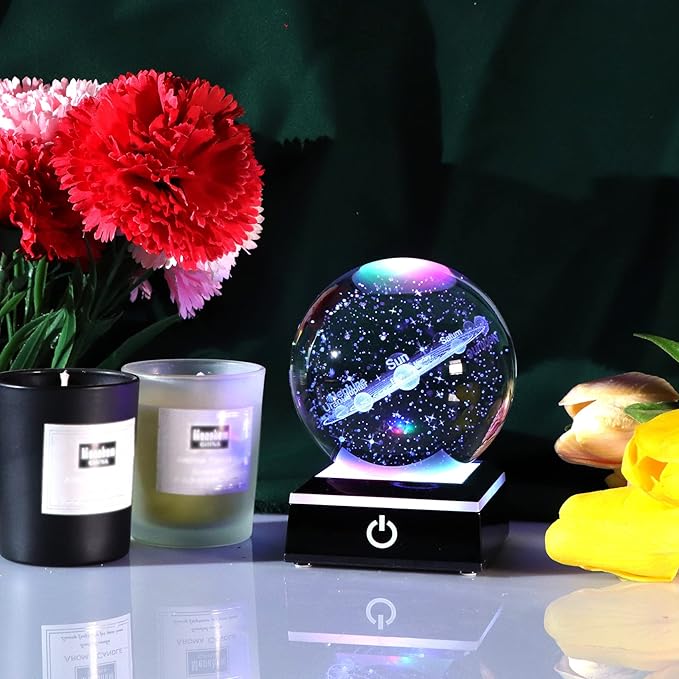 Ornalrist 3.15" K9 Crystal 3D Solar System Ball with Black LED Colorful Lighting Touch Base, Engraving Solar System Star Planet Model Decor, Science Universe Astronomy Gifts for Astronomy Lovers