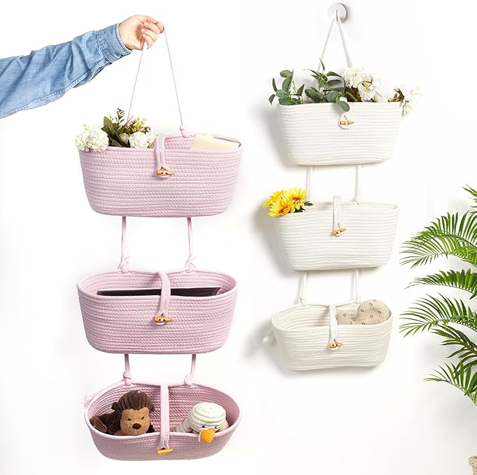 DULLEMELO Hanging Wall Basket for Wall Decor | Pink Woven Storage Basket with Button Strap | 3-Tier Hanging Baskets for Organizing | Hanging Kitchen Baskets