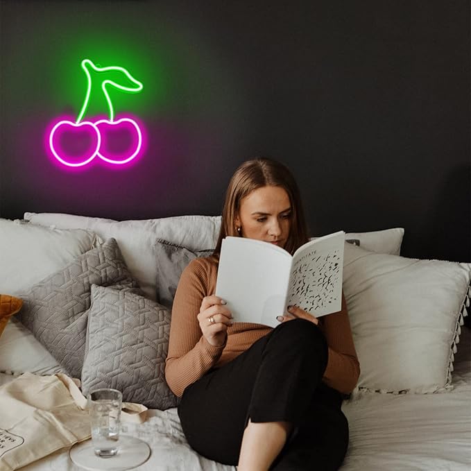 Cherry Neon Sign, Red Green Cherries Neon Lights, Cherry Neon Signs for Wall Decor, Cute Fruits LED Signs for Kids Room,Restaurant,Bar,Fruit Shop,Home Green+Pink