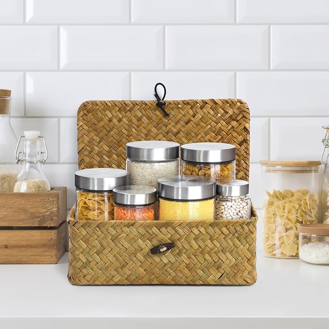 Seaweed Baskets with Lids: Seagrass Storage Woven Basket Straw Desktop Rattan 9 inch Hand- Woven Storage Basket Bins Container Organizer for Shelf Desktop Home Decor