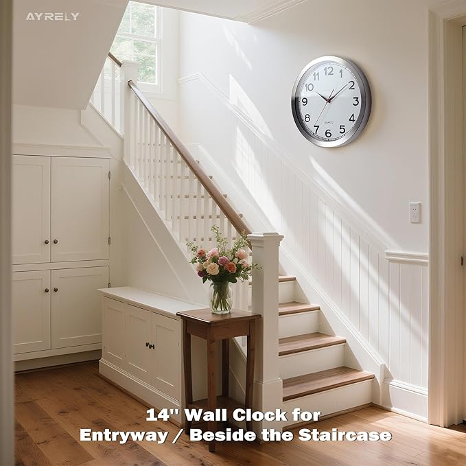 AYRELY® Wall Clock – 14 Inch Metal Decorative Modern Analog Clock, Silent Non-Ticking Battery Operated Large Classic Wall Clocks for Kitchen, Living Room, Bedroom, Office, Classroom(Classic-14in)