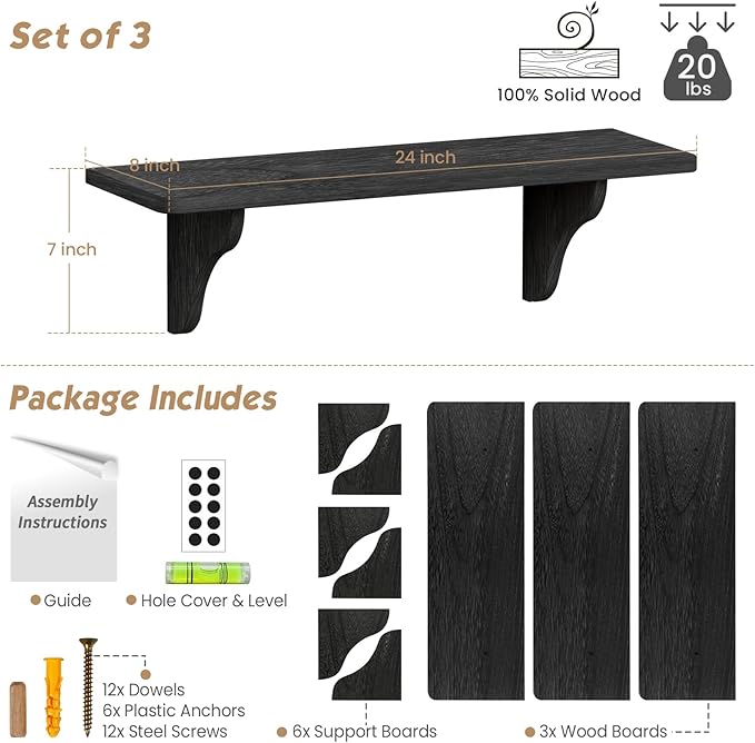 Forbena 24 Inch Black Floating Shelves for Living Room Decor, Decorative Large Arched Wall Shelves for Bedroom Bathroom, Aesthetic Hanging Bookshelf for Closet (Set of 3, Black)